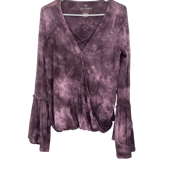 American Eagle Soft & Sexy Tie-Dye Bell Sleeve Wrap Top Blouse Womens M Purple - Picture 11 of 16